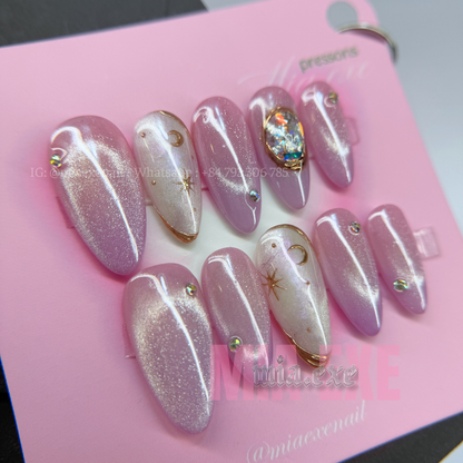 Press on Nails | Pink & Purple Cat Eye with Crystal Gem & Star Accents, Daily Nail Style, Stiletto Shape, Medium Length Luxury Handmade Fake Nails