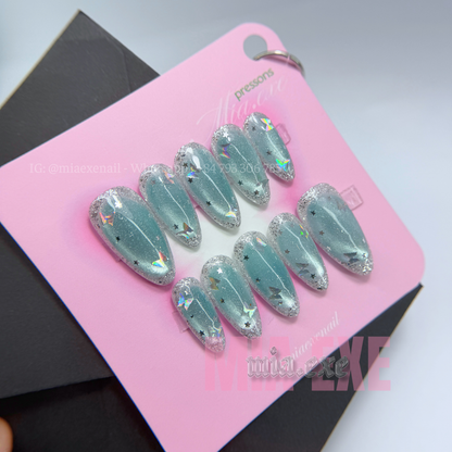 Press on Nails | Silver Cat Eye with Celestial Star Accents, Daily Nail Style, Almond Shape, Medium Length Luxury Handmade Fake Nails