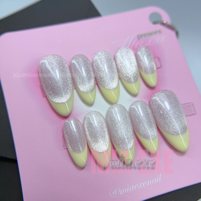 Press on Nails | Pastel Yellow Cat Eye French Tip, Daily Nail Style, Almond Shape, Medium Length Luxury Handmade Fake Nails