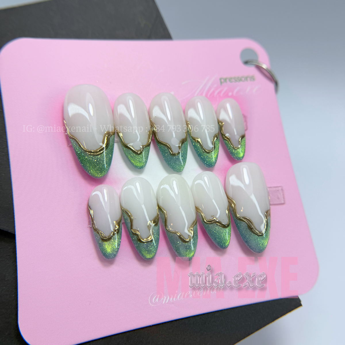Press on Nails | Sage Green Cat Eye French with Gold Swirl Lines, Daily Nail Style, Almond Shape, Medium Length Luxury Handmade Fake Nails
