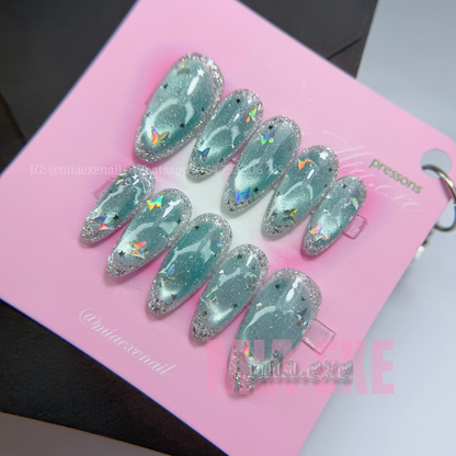 Press on Nails | Silver Cat Eye with Celestial Star Accents, Daily Nail Style, Almond Shape, Medium Length Luxury Handmade Fake Nails