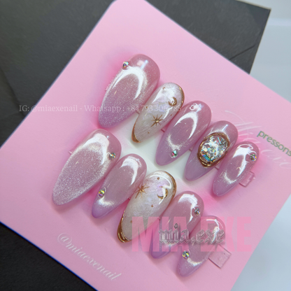 Press on Nails | Pink & Purple Cat Eye with Crystal Gem & Star Accents, Daily Nail Style, Stiletto Shape, Medium Length Luxury Handmade Fake Nails