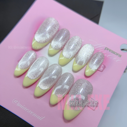 Press on Nails | Pastel Yellow Cat Eye French Tip, Daily Nail Style, Almond Shape, Medium Length Luxury Handmade Fake Nails