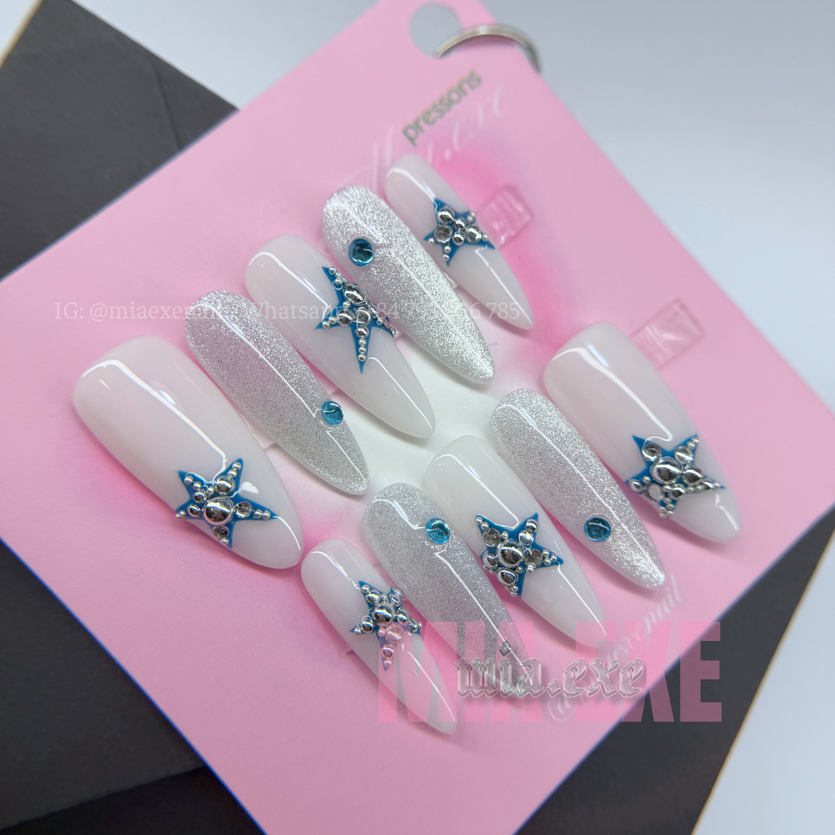 Press on Nails | Silver Cat Eye with 3D Star & Bead Accents, Daily Nail Style, Almond Shape, Medium Length Luxury Handmade Fake Nails
