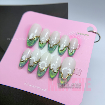 Press on Nails | Sage Green Cat Eye French with Gold Swirl Lines, Daily Nail Style, Almond Shape, Medium Length Luxury Handmade Fake Nails
