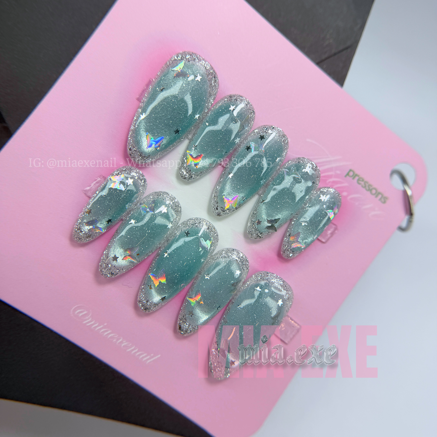 Press on Nails | Silver Cat Eye with Celestial Star Accents, Daily Nail Style, Almond Shape, Medium Length Luxury Handmade Fake Nails