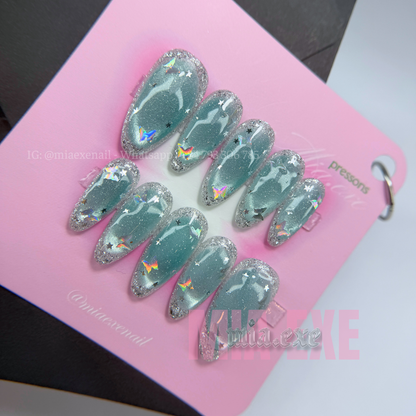 Press on Nails | Silver Cat Eye with Celestial Star Accents, Daily Nail Style, Almond Shape, Medium Length Luxury Handmade Fake Nails