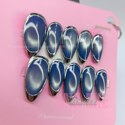Press on Nails | Blue Cat Eye with Chrome Frame Tip, Daily Nail Style, Almond Shape, Medium Length Luxury Handmade Fake Nails