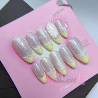 Press on Nails | Pastel Yellow Cat Eye French Tip, Daily Nail Style, Almond Shape, Medium Length Luxury Handmade Fake Nails