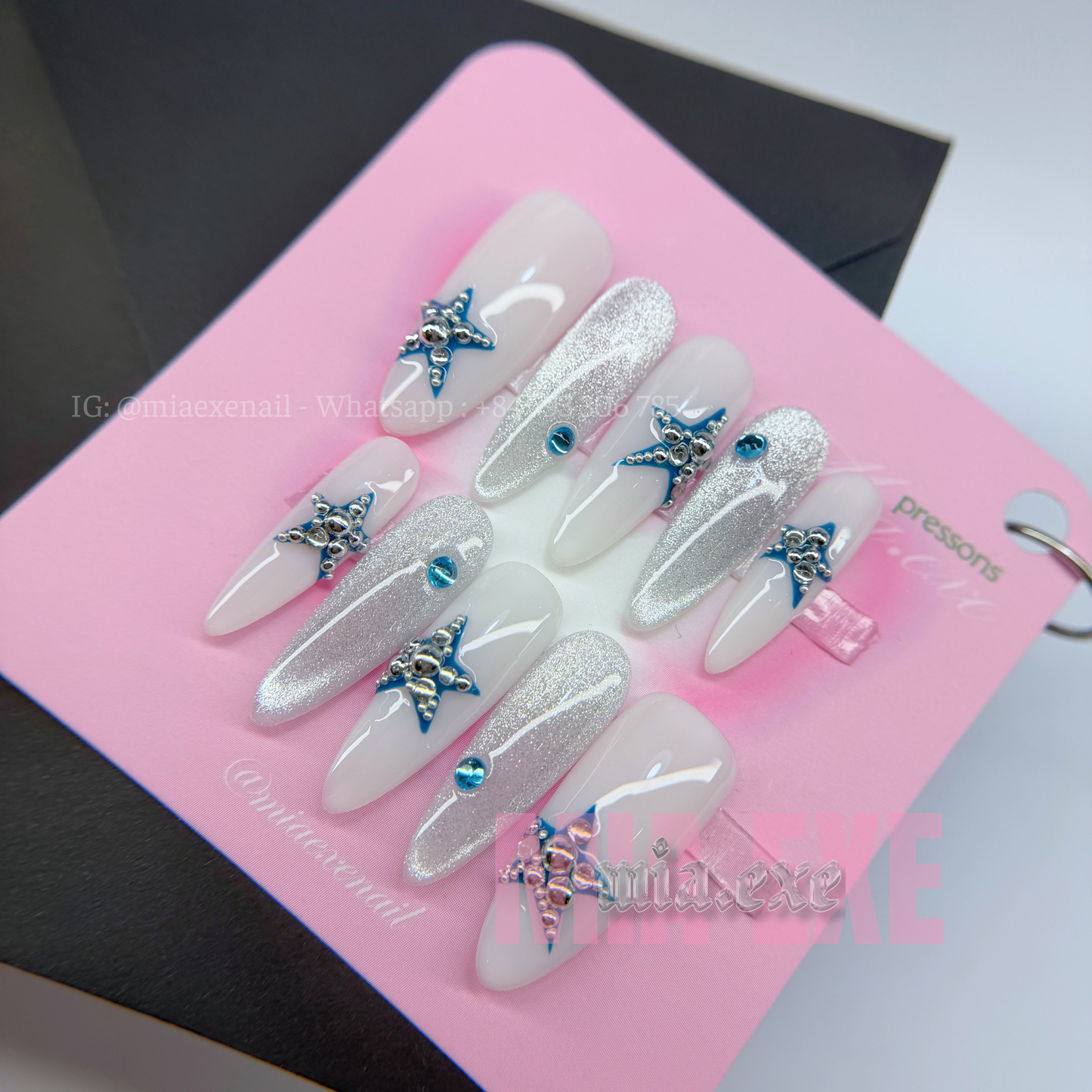 Press on Nails | Silver Cat Eye with 3D Star & Bead Accents, Daily Nail Style, Almond Shape, Medium Length Luxury Handmade Fake Nails