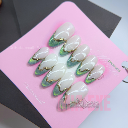 Press on Nails | Sage Green Cat Eye French with Gold Swirl Lines, Daily Nail Style, Almond Shape, Medium Length Luxury Handmade Fake Nails