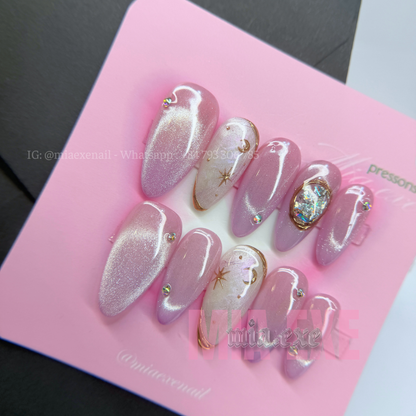 Press on Nails | Pink & Purple Cat Eye with Crystal Gem & Star Accents, Daily Nail Style, Stiletto Shape, Medium Length Luxury Handmade Fake Nails