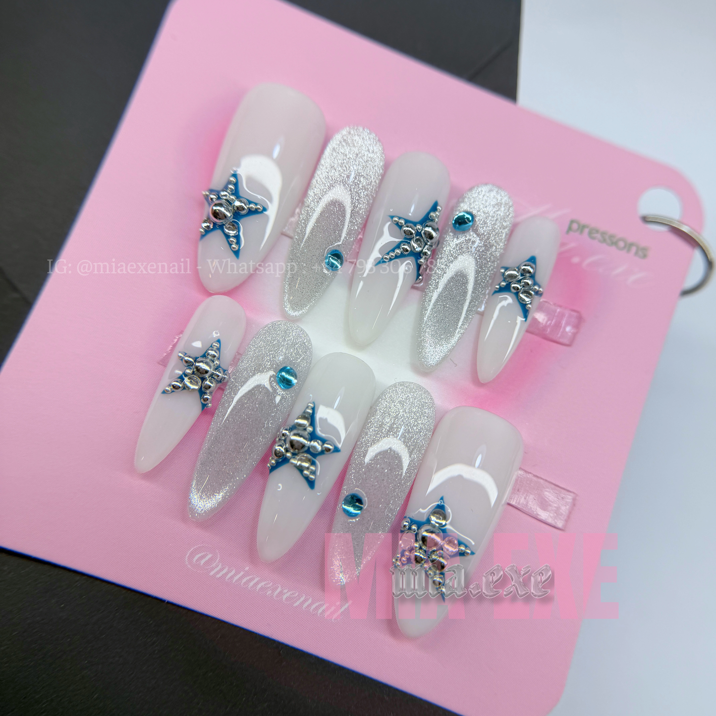 Press on Nails | Silver Cat Eye with 3D Star & Bead Accents, Daily Nail Style, Almond Shape, Medium Length Luxury Handmade Fake Nails