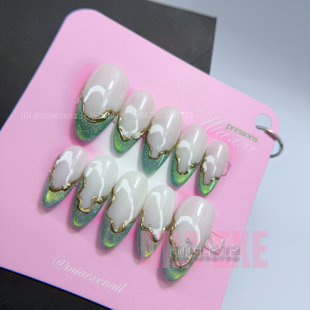 Press on Nails | Sage Green Cat Eye French with Gold Swirl Lines, Daily Nail Style, Almond Shape, Medium Length Luxury Handmade Fake Nails