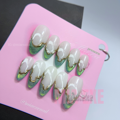 Press on Nails | Sage Green Cat Eye French with Gold Swirl Lines, Daily Nail Style, Almond Shape, Medium Length Luxury Handmade Fake Nails