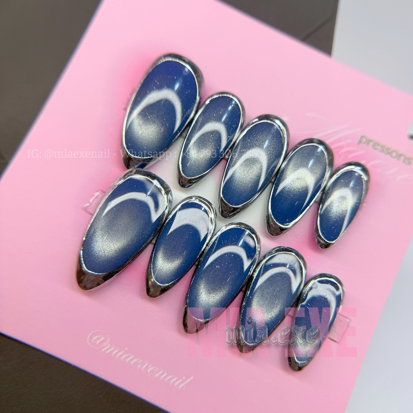 Press on Nails | Blue Cat Eye with Chrome Frame Tip, Daily Nail Style, Almond Shape, Medium Length Luxury Handmade Fake Nails