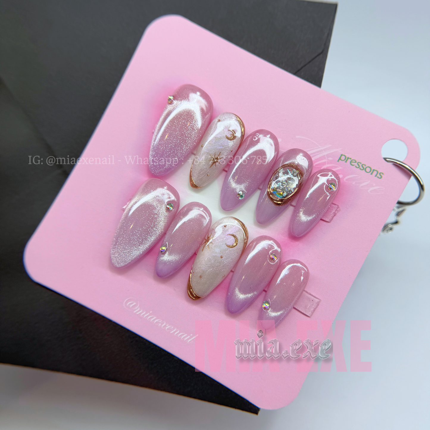 Press on Nails | Pink & Purple Cat Eye with Crystal Gem & Star Accents, Daily Nail Style, Stiletto Shape, Medium Length Luxury Handmade Fake Nails