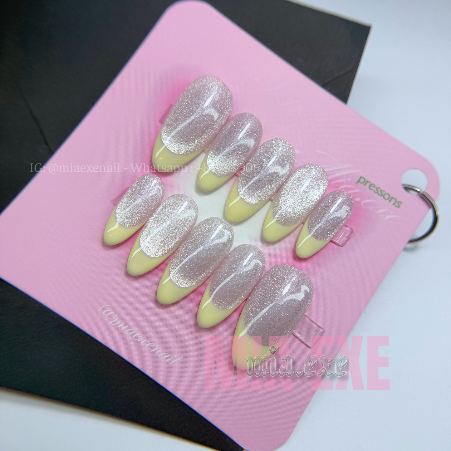 Press on Nails | Pastel Yellow Cat Eye French Tip, Daily Nail Style, Almond Shape, Medium Length Luxury Handmade Fake Nails