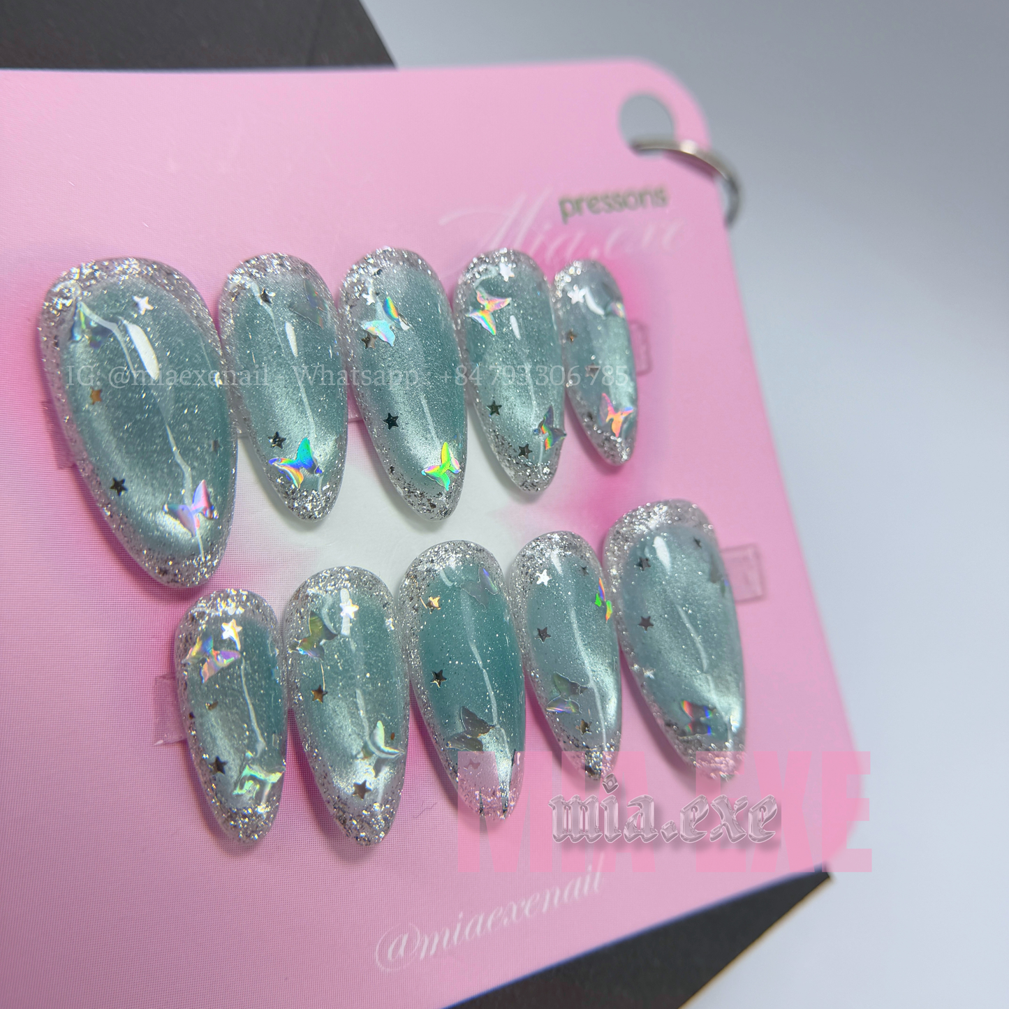 Press on Nails | Silver Cat Eye with Celestial Star Accents, Daily Nail Style, Almond Shape, Medium Length Luxury Handmade Fake Nails
