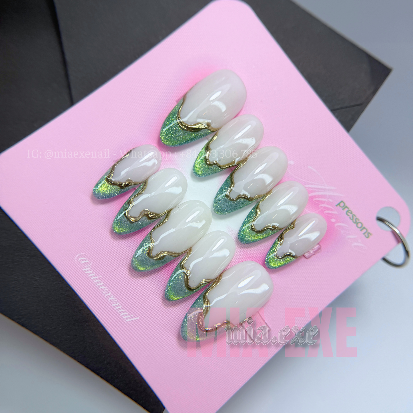 Press on Nails | Sage Green Cat Eye French with Gold Swirl Lines, Daily Nail Style, Almond Shape, Medium Length Luxury Handmade Fake Nails