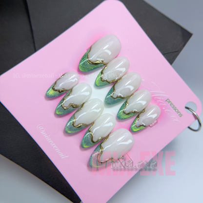 Press on Nails | Sage Green Cat Eye French with Gold Swirl Lines, Daily Nail Style, Almond Shape, Medium Length Luxury Handmade Fake Nails