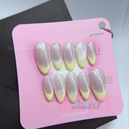 Press on Nails | Pastel Yellow Cat Eye French Tip, Daily Nail Style, Almond Shape, Medium Length Luxury Handmade Fake Nails
