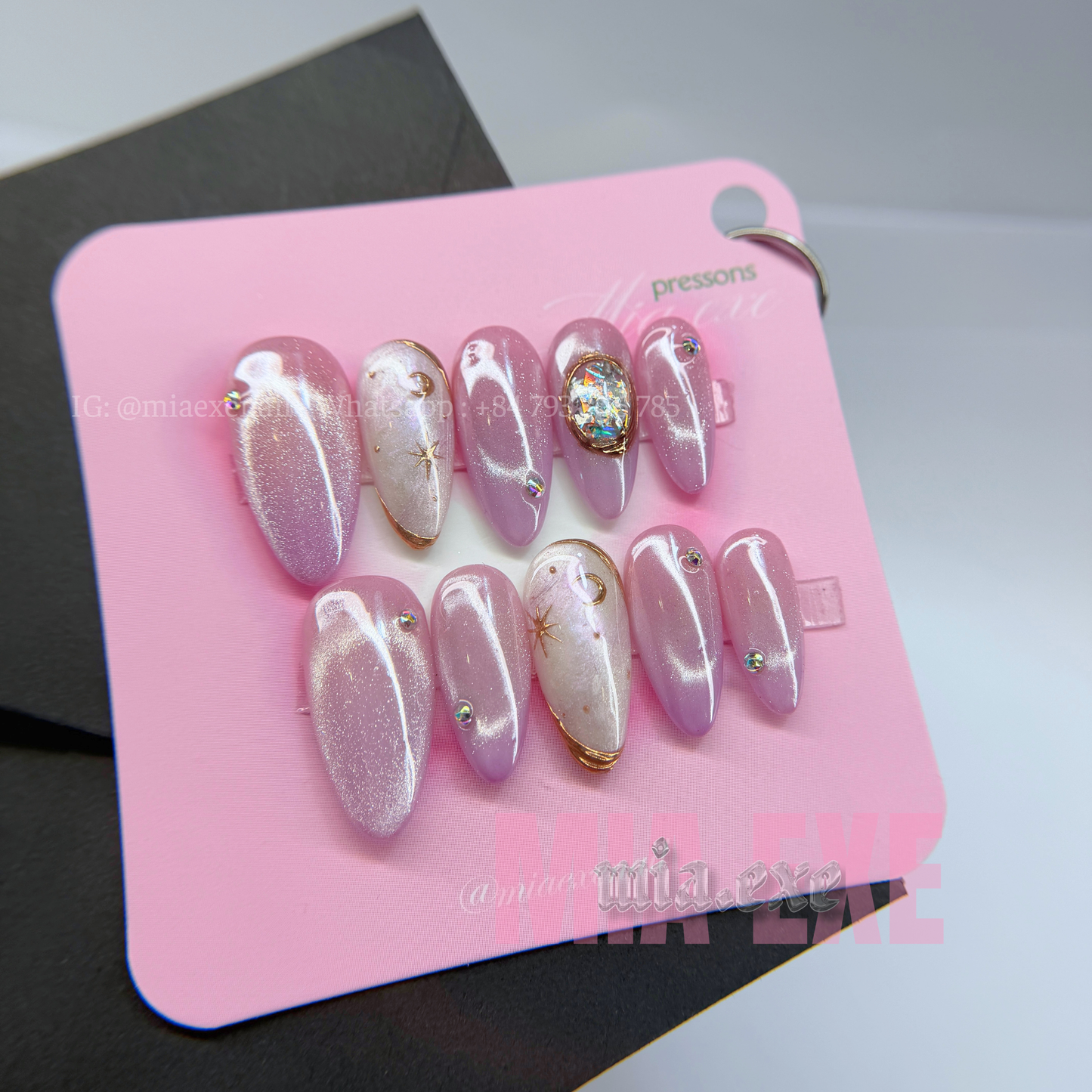 Press on Nails | Pink & Purple Cat Eye with Crystal Gem & Star Accents, Daily Nail Style, Stiletto Shape, Medium Length Luxury Handmade Fake Nails
