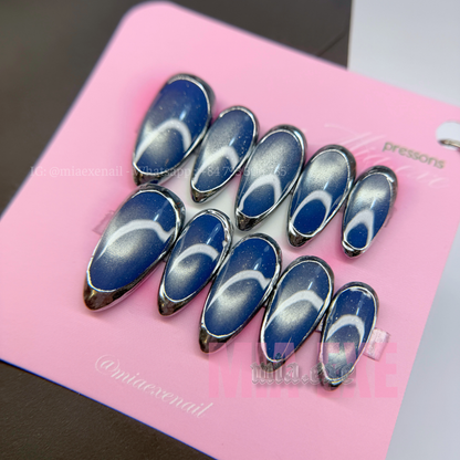Press on Nails | Blue Cat Eye with Chrome Frame Tip, Daily Nail Style, Almond Shape, Medium Length Luxury Handmade Fake Nails