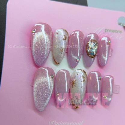 Press on Nails | Pink & Purple Cat Eye with Crystal Gem & Star Accents, Daily Nail Style, Stiletto Shape, Medium Length Luxury Handmade Fake Nails