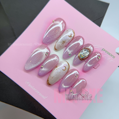 Press on Nails | Pink & Purple Cat Eye with Crystal Gem & Star Accents, Daily Nail Style, Stiletto Shape, Medium Length Luxury Handmade Fake Nails