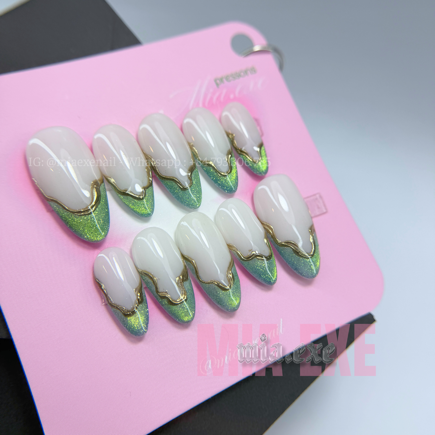 Press on Nails | Sage Green Cat Eye French with Gold Swirl Lines, Daily Nail Style, Almond Shape, Medium Length Luxury Handmade Fake Nails