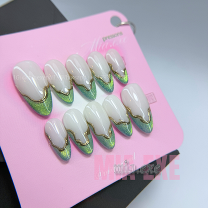 Press on Nails | Sage Green Cat Eye French with Gold Swirl Lines, Daily Nail Style, Almond Shape, Medium Length Luxury Handmade Fake Nails