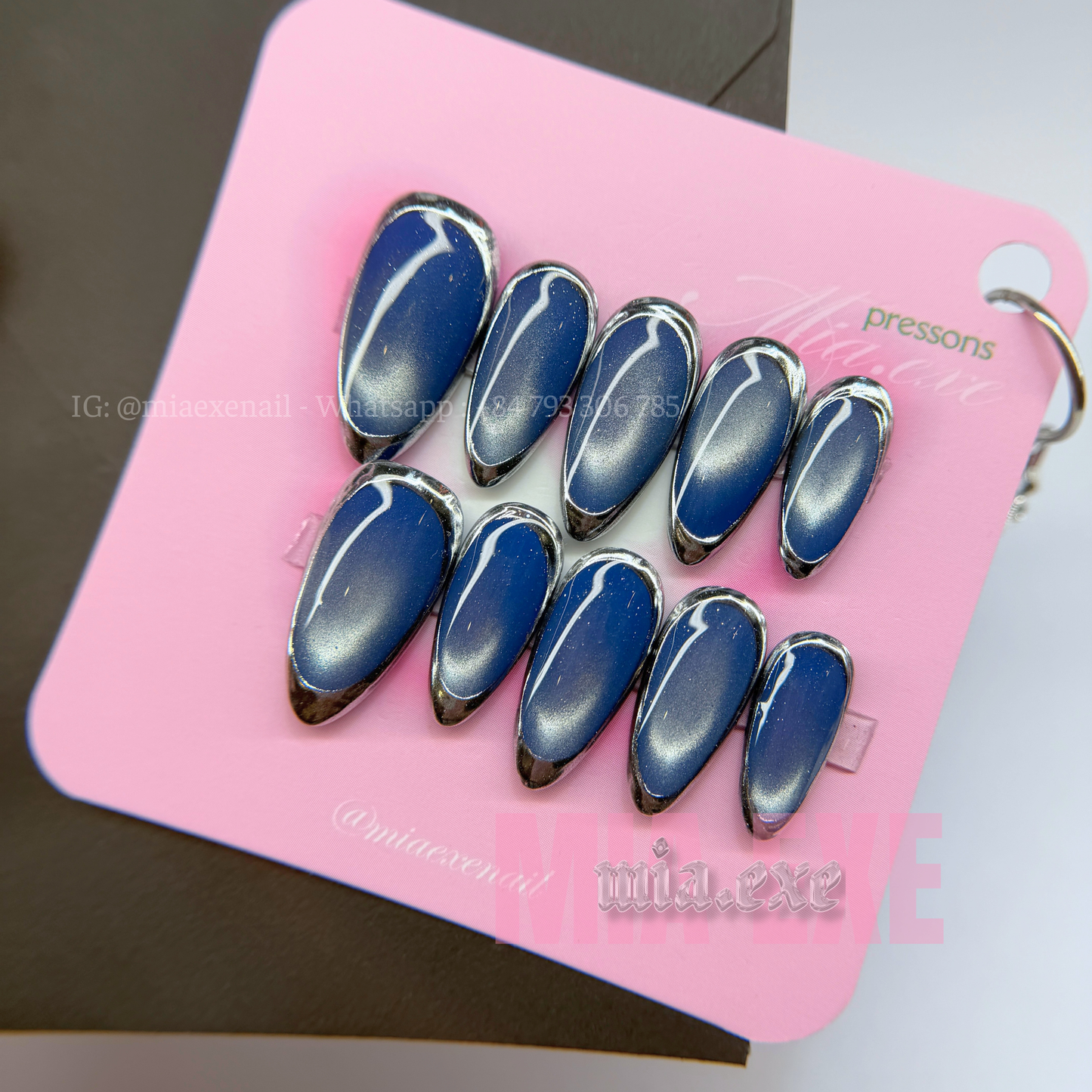 Press on Nails | Blue Cat Eye with Chrome Frame Tip, Daily Nail Style, Almond Shape, Medium Length Luxury Handmade Fake Nails