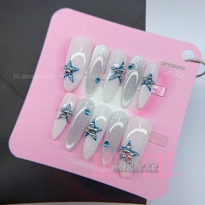 Press on Nails | Silver Cat Eye with 3D Star & Bead Accents, Daily Nail Style, Almond Shape, Medium Length Luxury Handmade Fake Nails