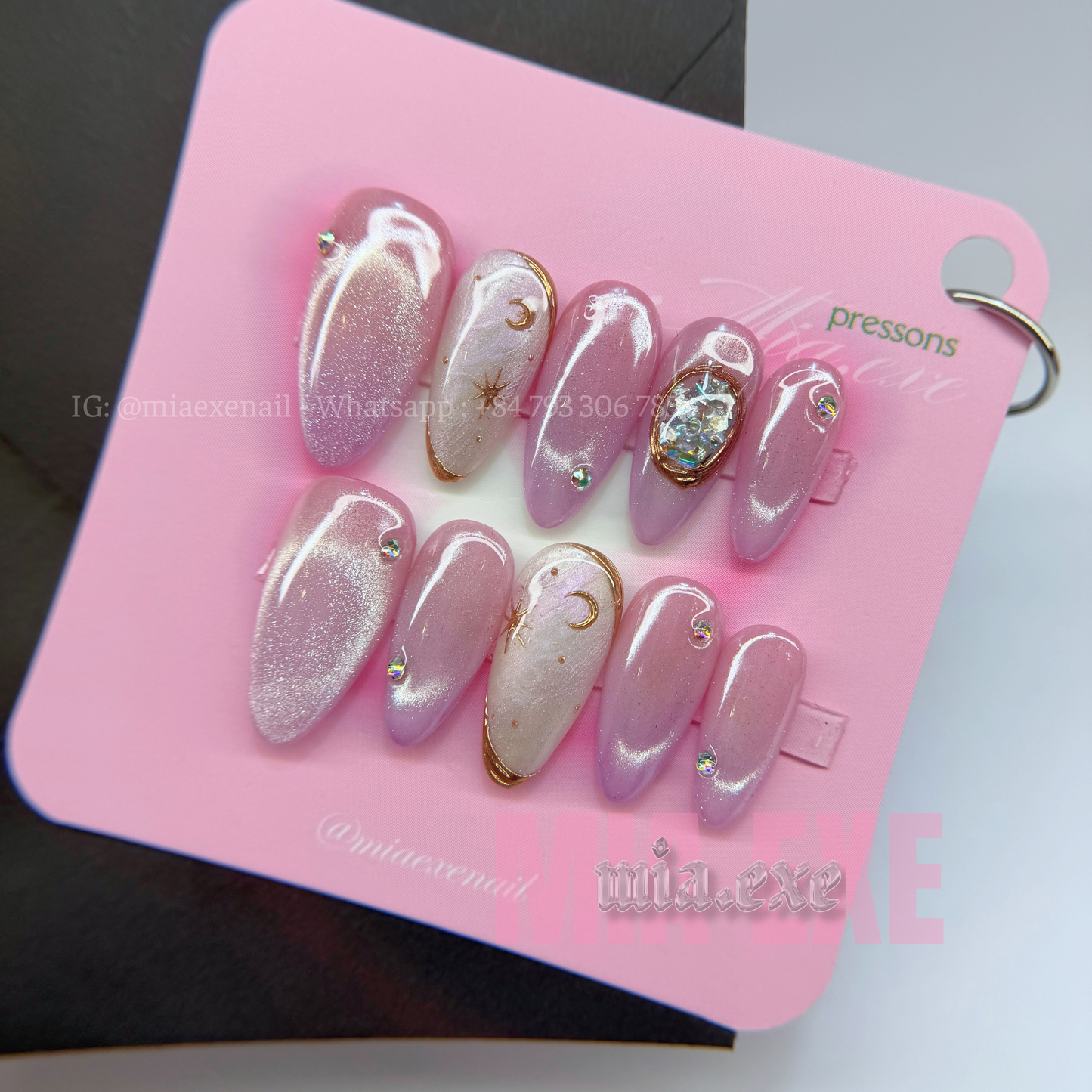 Press on Nails | Pink & Purple Cat Eye with Crystal Gem & Star Accents, Daily Nail Style, Stiletto Shape, Medium Length Luxury Handmade Fake Nails