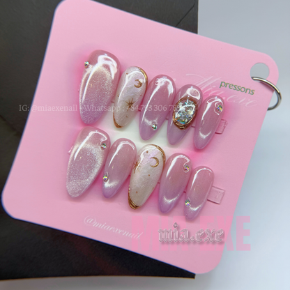 Press on Nails | Pink & Purple Cat Eye with Crystal Gem & Star Accents, Daily Nail Style, Stiletto Shape, Medium Length Luxury Handmade Fake Nails