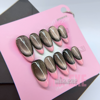Press on Nails | Dark Cat Eye French Tip, Daily Nail Style, Almond Shape, Medium Length Luxury Handmade Fake Nails