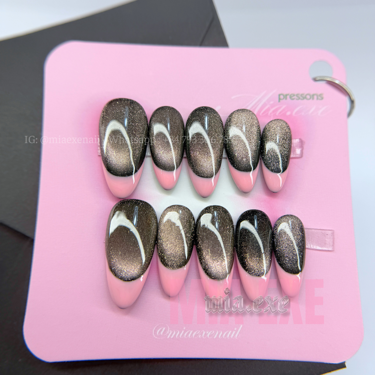 Press on Nails | Dark Cat Eye French Tip, Daily Nail Style, Almond Shape, Medium Length Luxury Handmade Fake Nails