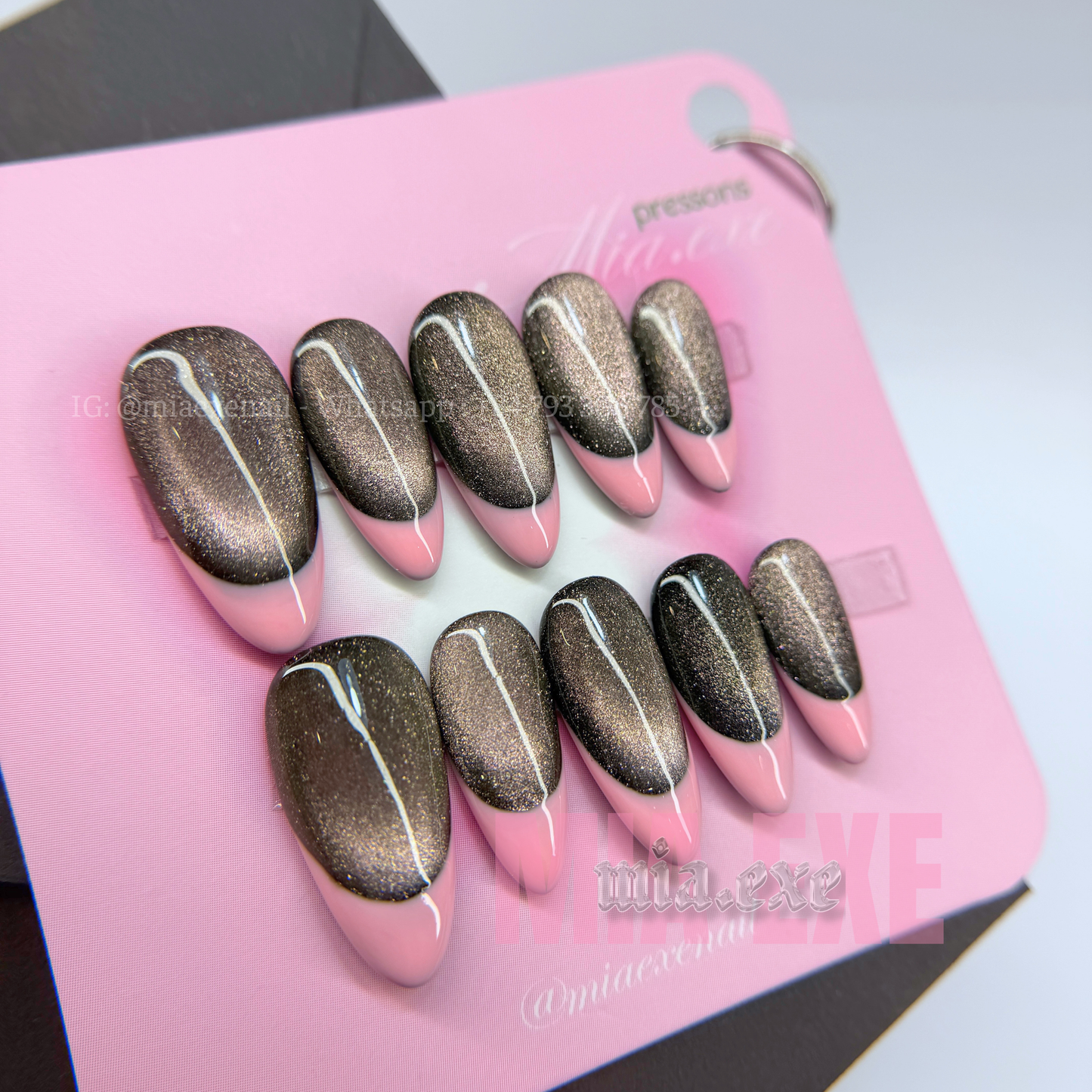 Press on Nails | Dark Cat Eye French Tip, Daily Nail Style, Almond Shape, Medium Length Luxury Handmade Fake Nails