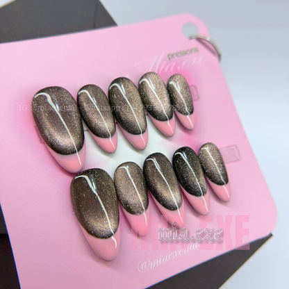 Press on Nails | Dark Cat Eye French Tip, Daily Nail Style, Almond Shape, Medium Length Luxury Handmade Fake Nails