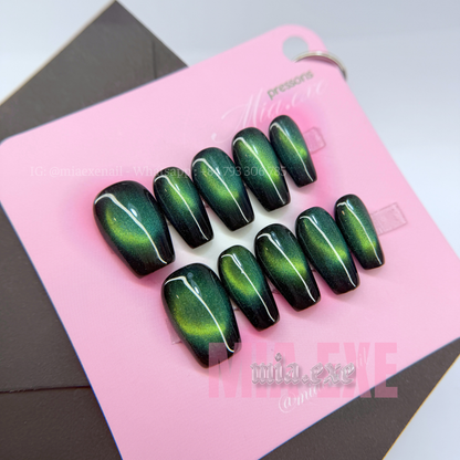 Press on Nails | Emerald Green Cat Eye, Daily Nail Style, Square/Coffin Shape, Short Length Luxury Handmade Fake Nails