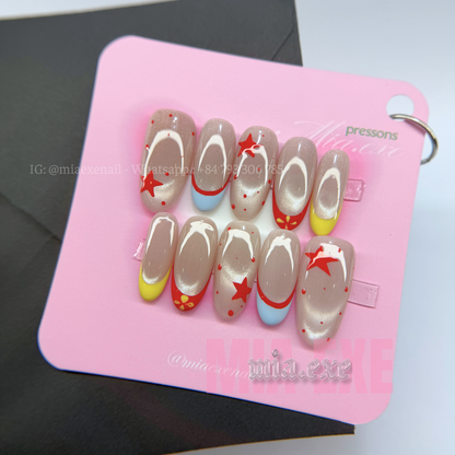 Press on Nails | Multi-Color French Cat Eye with Star Accents, Daily Nail Style, Almond Shape, Medium Length Luxury Handmade Fake Nails