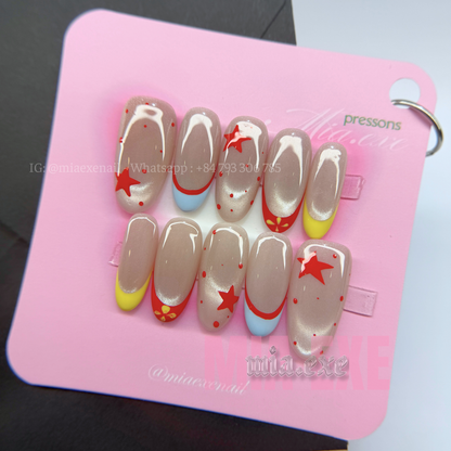 Press on Nails | Multi-Color French Cat Eye with Star Accents, Daily Nail Style, Almond Shape, Medium Length Luxury Handmade Fake Nails