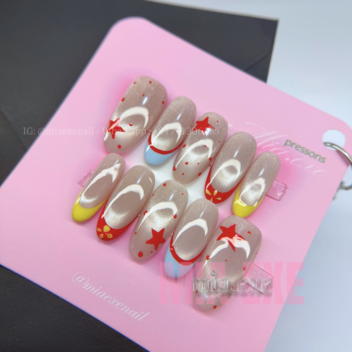 Press on Nails | Multi-Color French Cat Eye with Star Accents, Daily Nail Style, Almond Shape, Medium Length Luxury Handmade Fake Nails