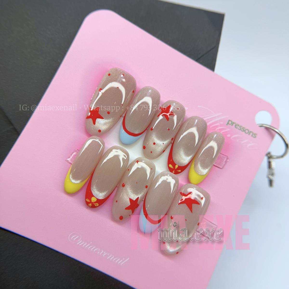 Press on Nails | Multi-Color French Cat Eye with Star Accents, Daily Nail Style, Almond Shape, Medium Length Luxury Handmade Fake Nails