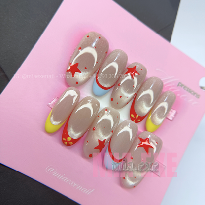 Press on Nails | Multi-Color French Cat Eye with Star Accents, Daily Nail Style, Almond Shape, Medium Length Luxury Handmade Fake Nails