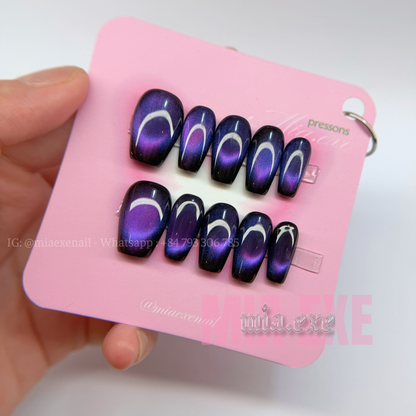 Press on Nails | Midnight Purple Cat Eye, Daily Nail Style, Coffin Shape, Medium Length Luxury Handmade Fake Nails