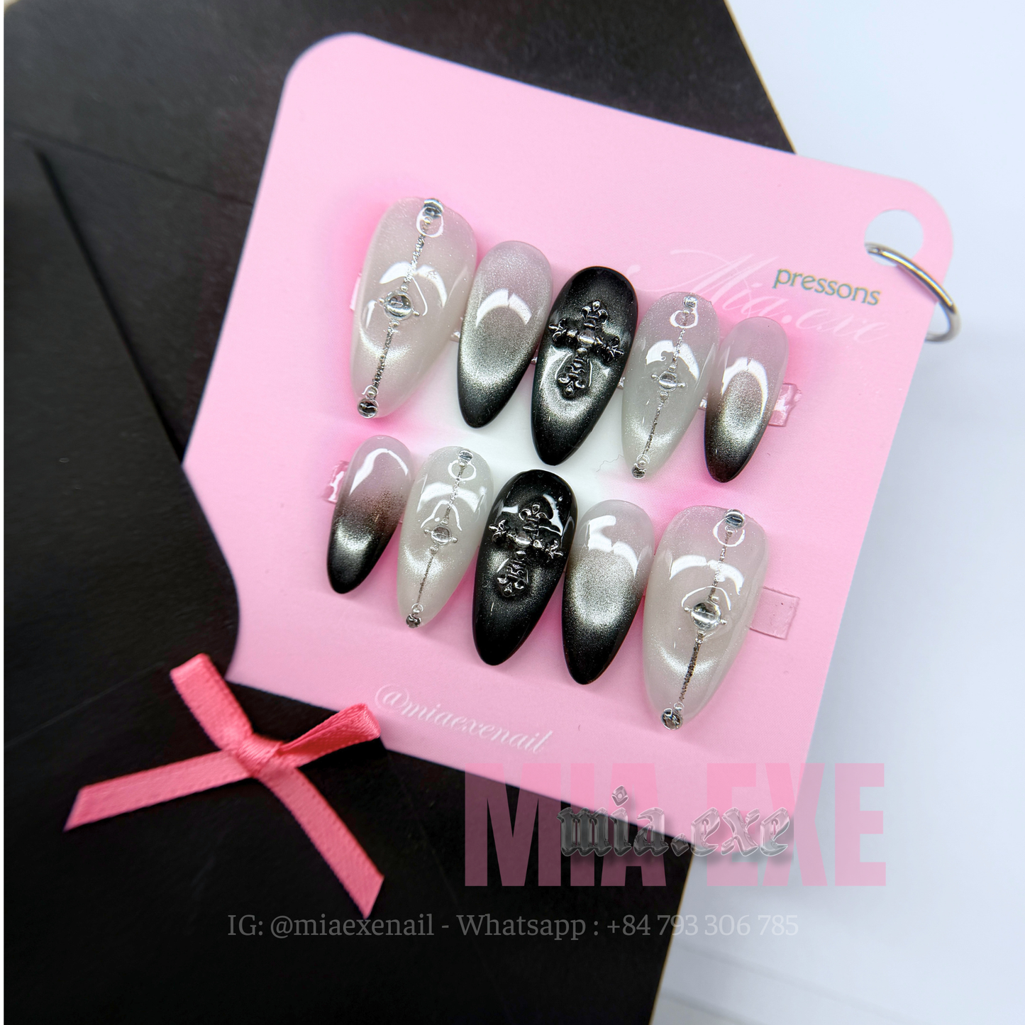 Press on Nails | Gothic Black & Silver Cat Eye with 3D Cross Charm, Almond Shape, Medium Length Luxury Handmade Fake Nails