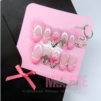 Press on Nails | Y2K Pink Ombre & Zebra Print with 3D Flower, Almond Shape, Medium Length Luxury Handmade Fake Nails