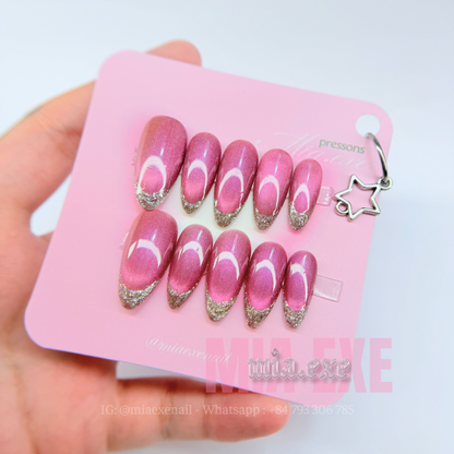 Press on Nails | Magenta Cat Eye & Glitter French Tip, Daily Nail Style, Almond Shape, Medium Length Luxury Handmade Fake Nails